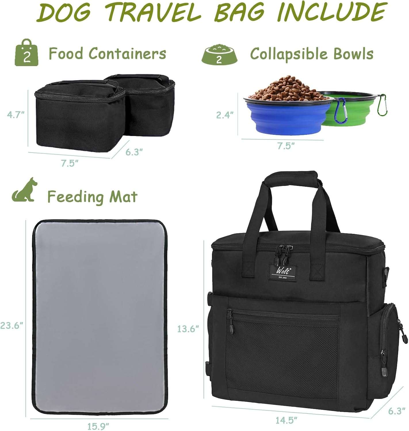 Bolsa de viaje para perros y gatos. Kit organizador con cuencos plegables y contenedores de comida.