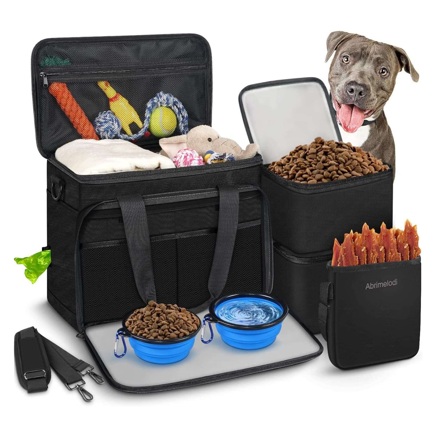 Bolsa de viaje para perros y gatos. Kit de 6 piezas con cuencos plegables, contenedores de comida y otros accesorios.