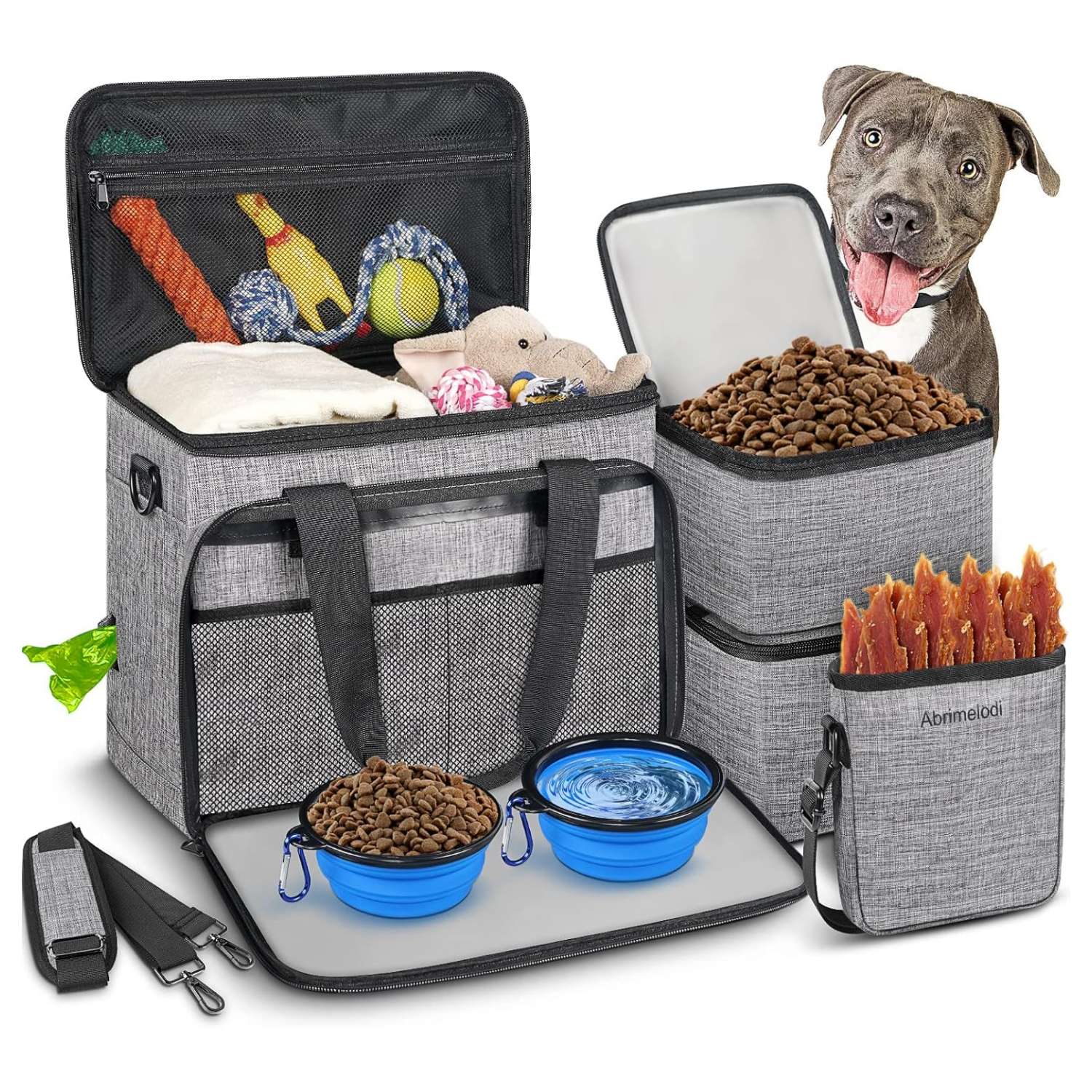 Bolsa de viaje para perros y gatos. Kit de 6 piezas con cuencos plegables, contenedores de comida y otros accesorios.