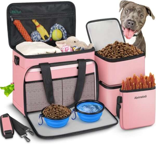 Bolsa de viaje para perros y gatos. Kit de 6 piezas con cuencos plegables, contenedores de comida y otros accesorios.