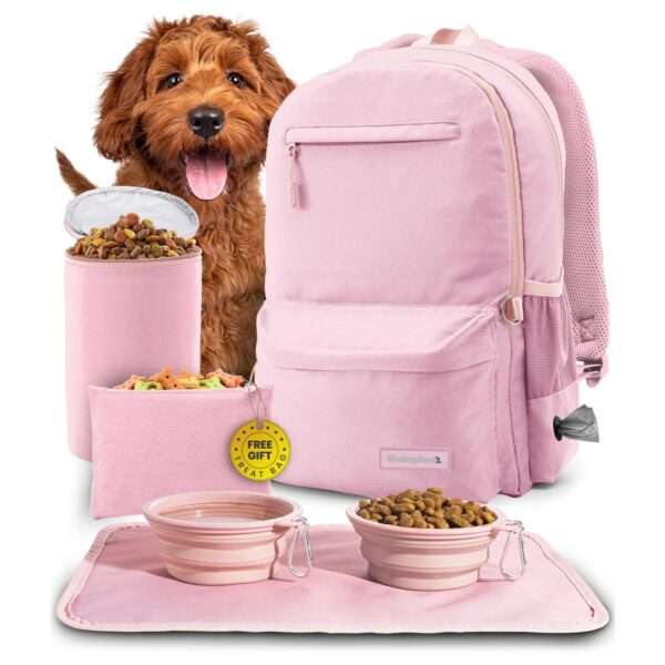 Bolsa de viaje para perros y gatos. Mochila organizadora con dos cuencos plegables y contenedor de comida.