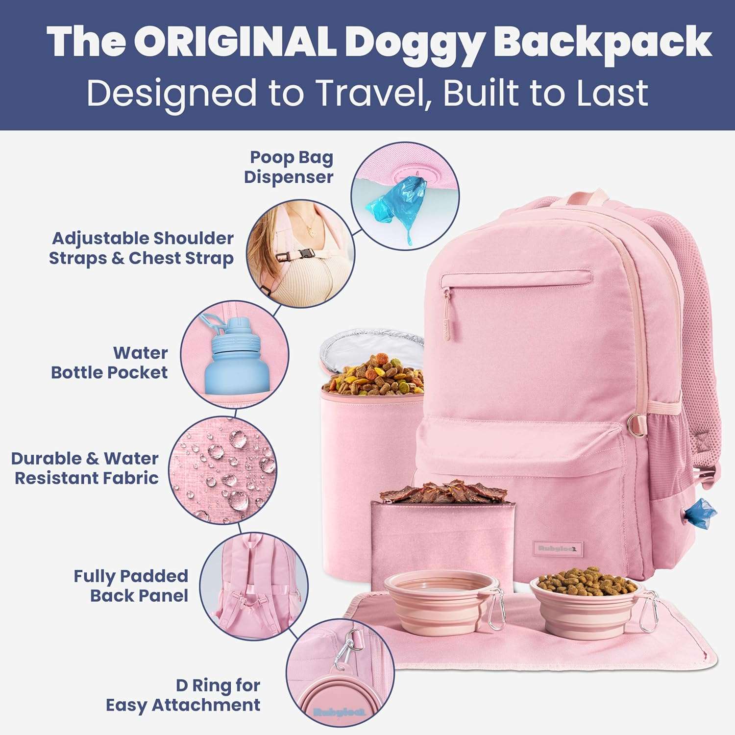 Bolsa de viaje para perros y gatos. Mochila organizadora con dos cuencos plegables y contenedor de comida.
