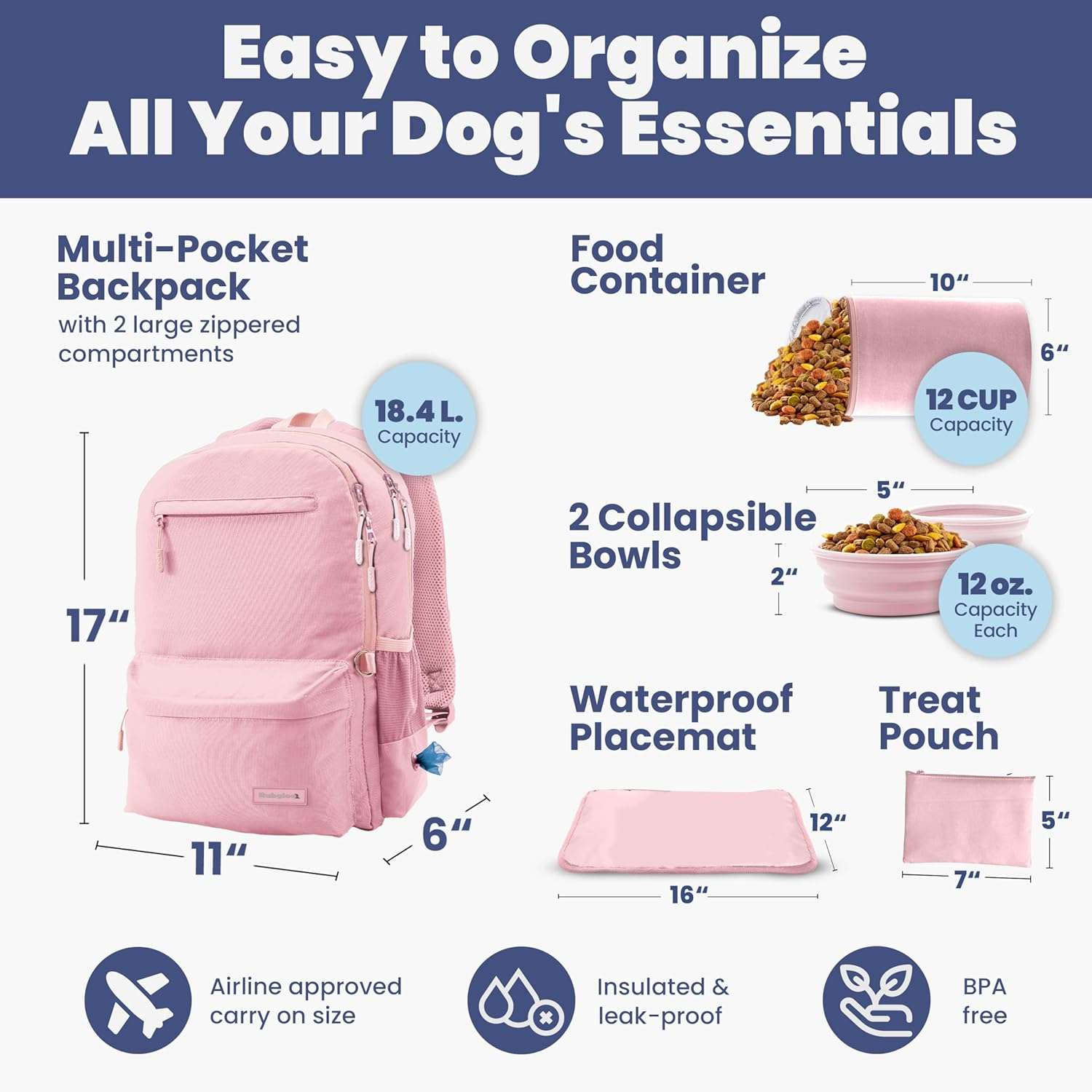 Bolsa de viaje para perros y gatos. Mochila organizadora con dos cuencos plegables y contenedor de comida.