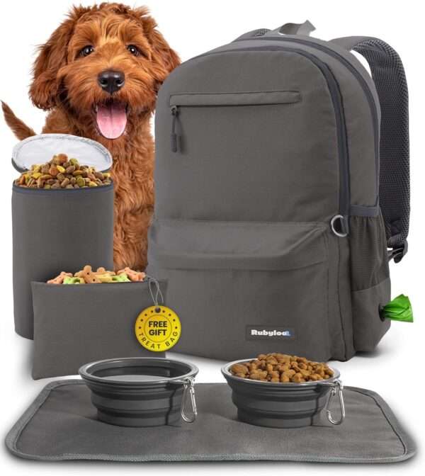 Bolsa de viaje para perros y gatos. Mochila organizadora con dos cuencos plegables y contenedor de comida.