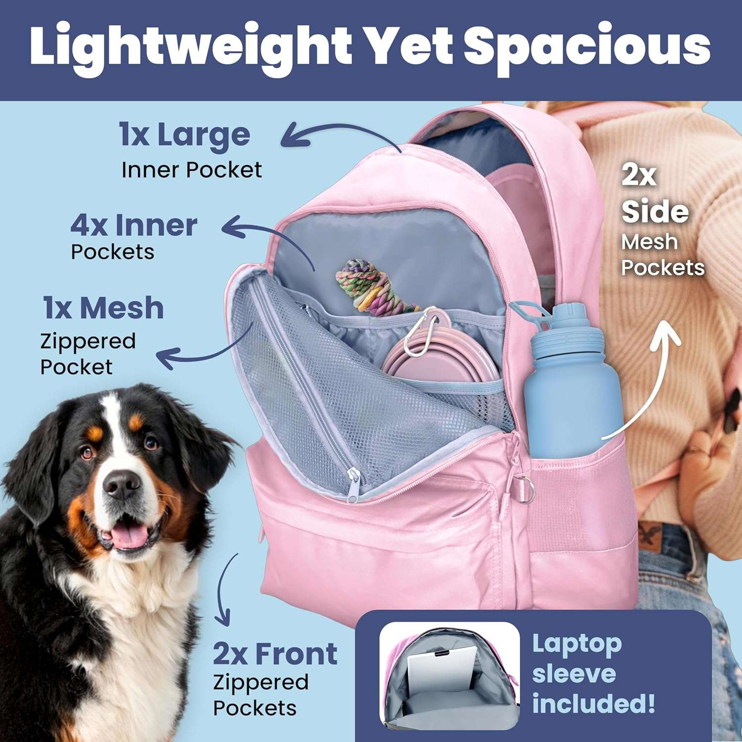 Bolsa de viaje para perros y gatos. Mochila organizadora con dos cuencos plegables y contenedor de comida.