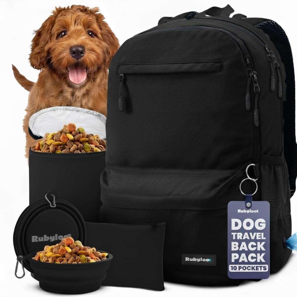Bolsa de viaje para perros y gatos. Mochila organizadora con dos cuencos plegables y contenedor de comida.