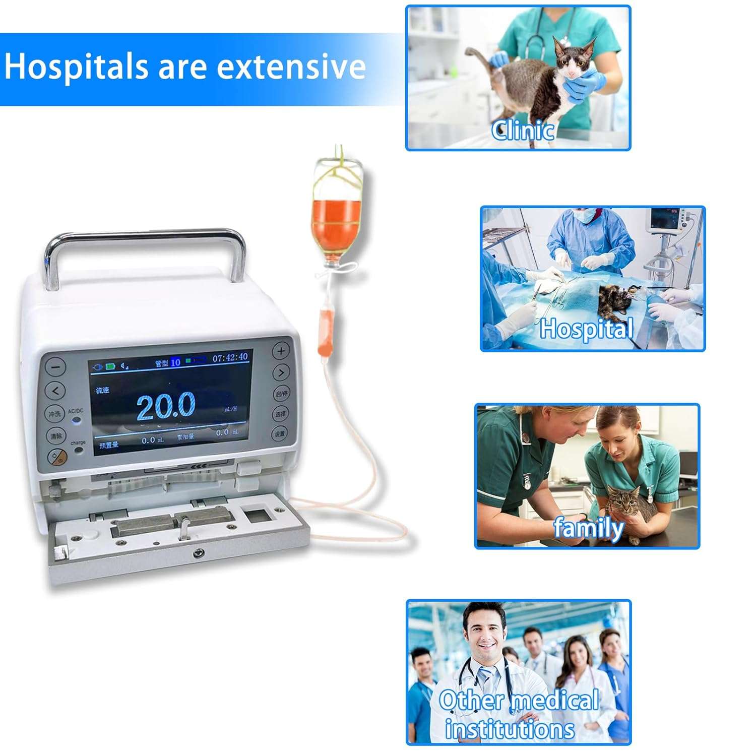 Bomba de infusión veterinaria portátil de alta precisión con pantalla LCD.