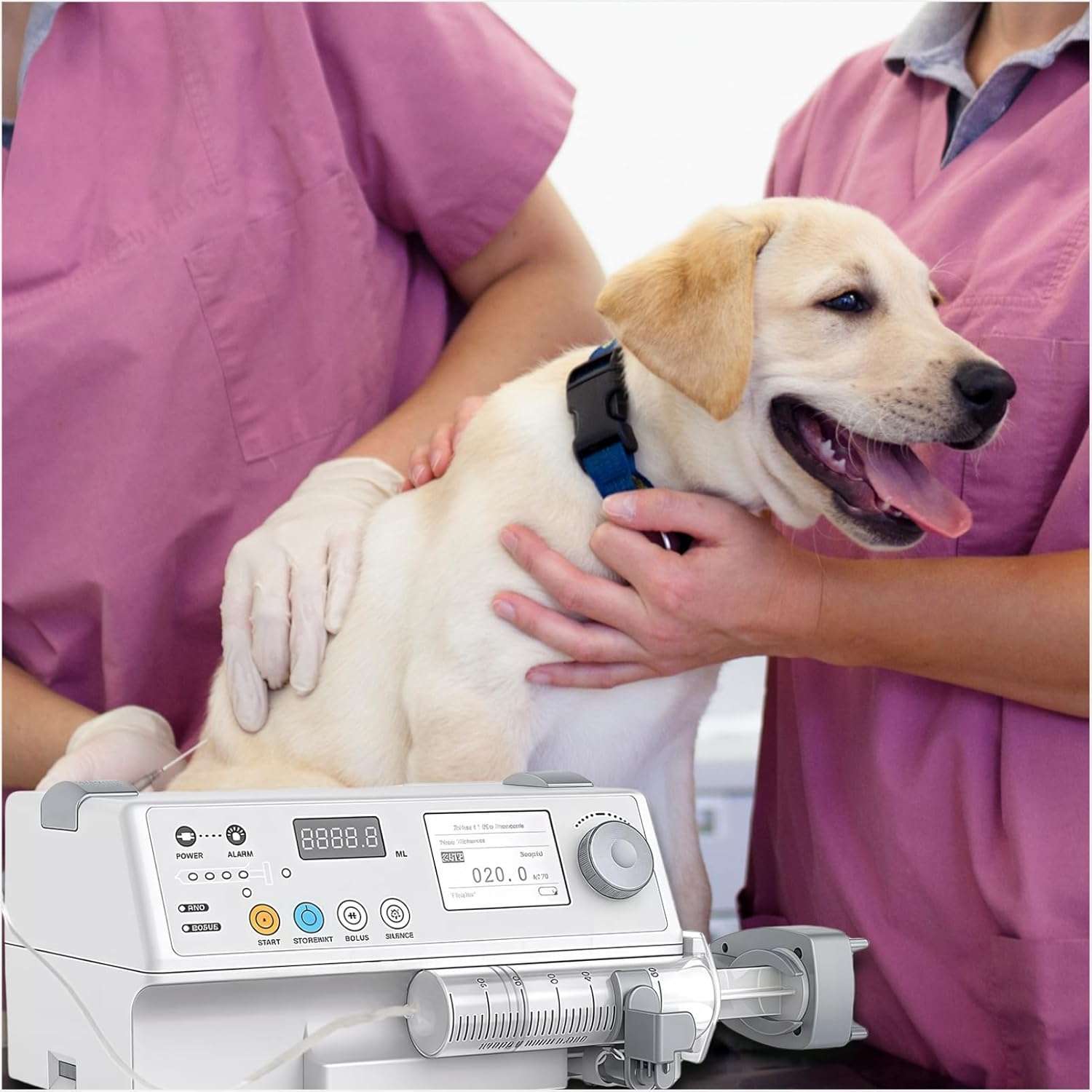 Bomba de jeringa veterinaria con oclusión ajustable y función KVO.