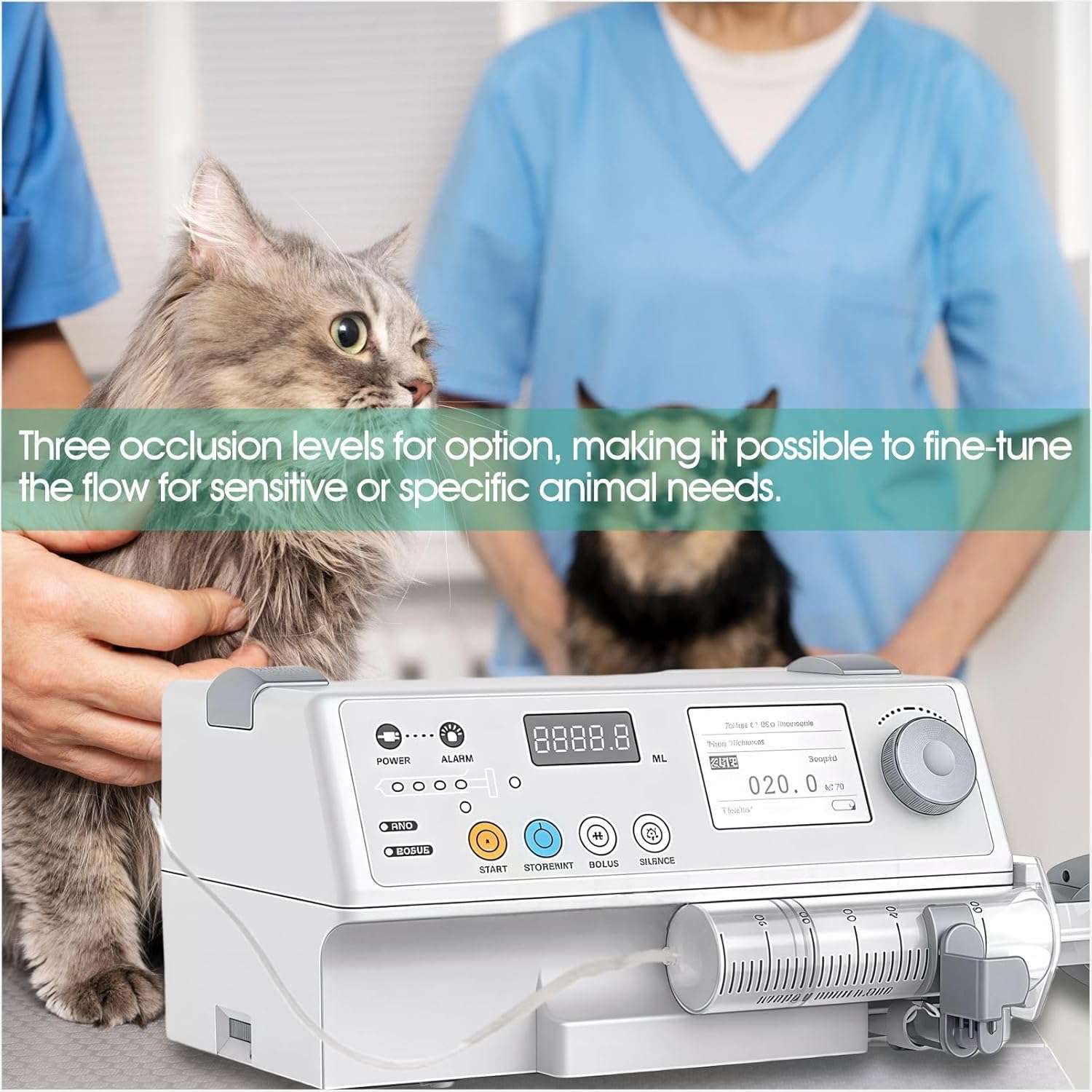 Bomba de jeringa veterinaria con oclusión ajustable y función KVO.
