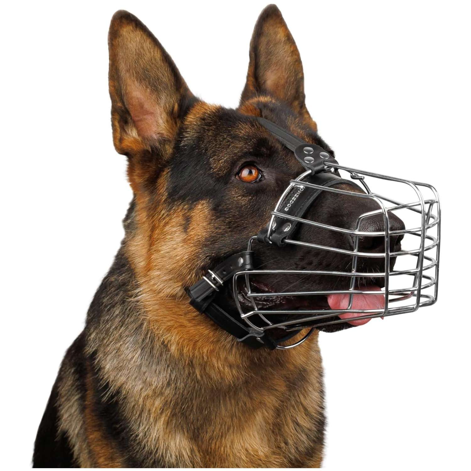 Bozal de alambre de metal para perros grandes. Es un bozal que permite jadear y beber.