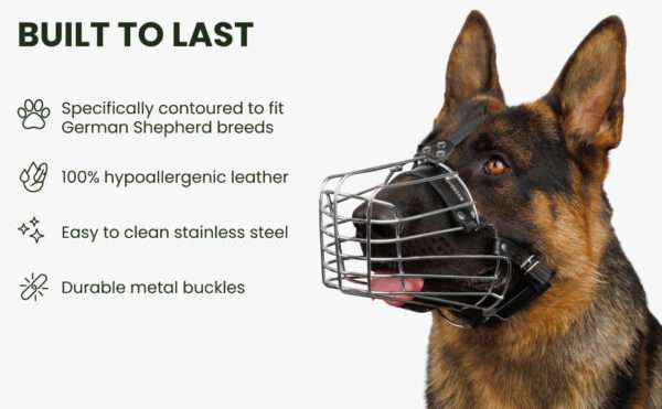 Bozal de alambre de metal para perros grandes. Es un bozal que permite jadear y beber.