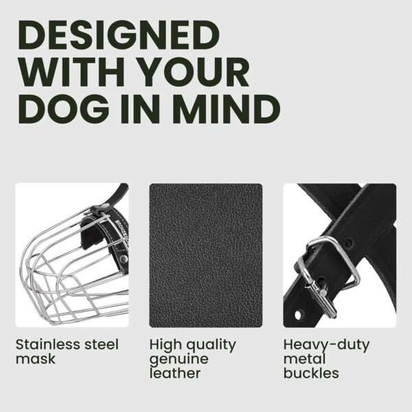 Bozal de alambre de metal para perros grandes. Es un bozal que permite jadear y beber.