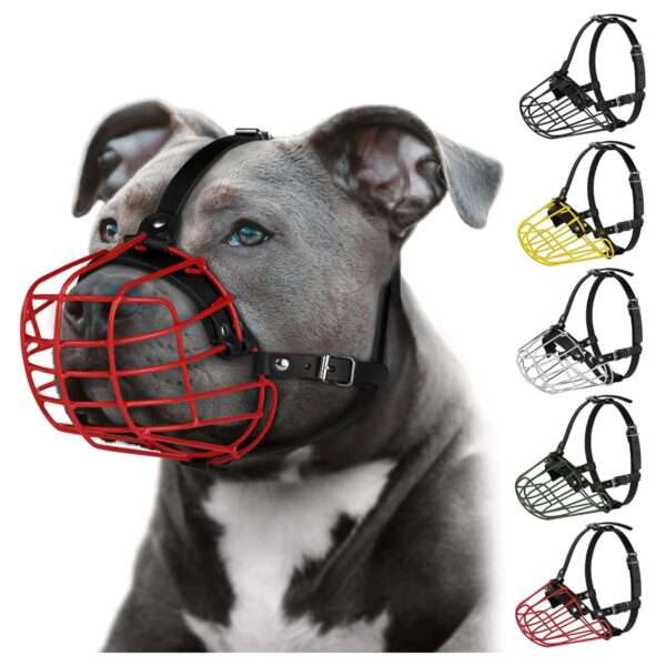 Bozal de metal de cesta de alambre para perros grandes con correas de cuero.