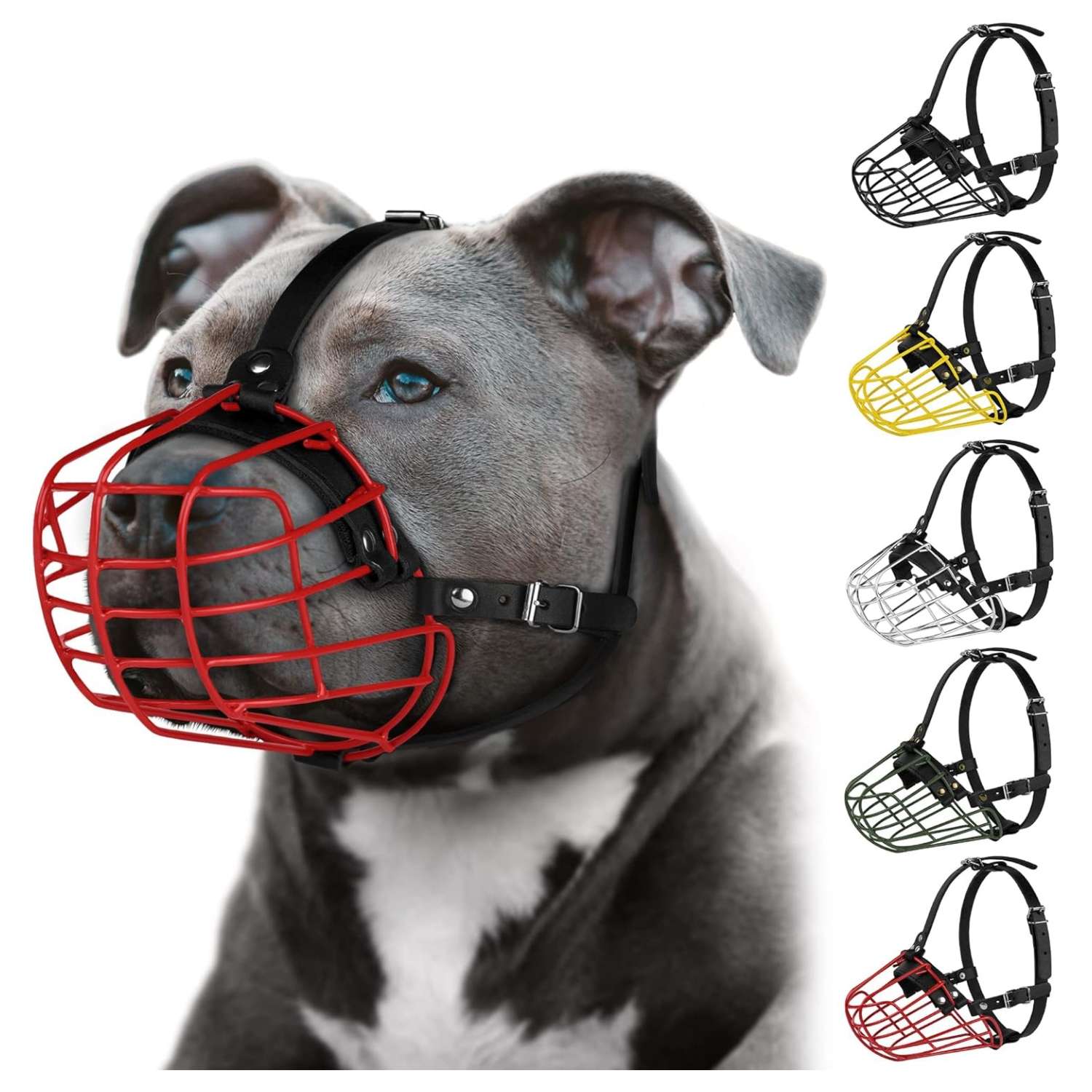 Bozal de metal de cesta de alambre para perros grandes con correas de cuero.