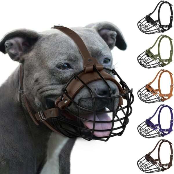 Bozal de metal de cesta de alambre para perros grandes con correas de cuero.