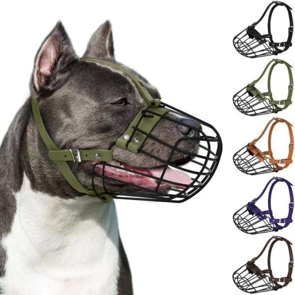Bozal de metal de cesta de alambre para perros grandes con correas de cuero.