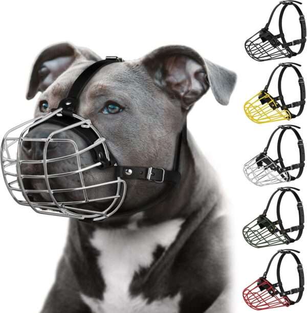 Bozal de metal de cesta de alambre para perros grandes con correas de cuero.