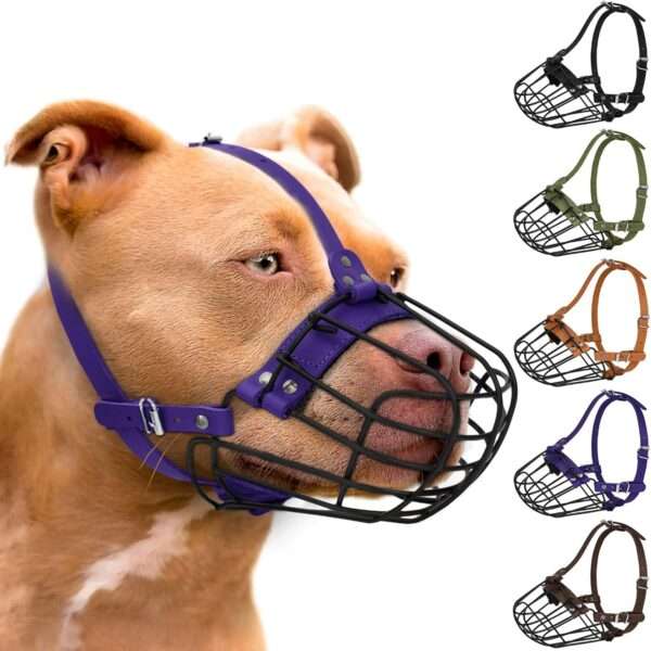 Bozal de metal de cesta de alambre para perros grandes con correas de cuero.