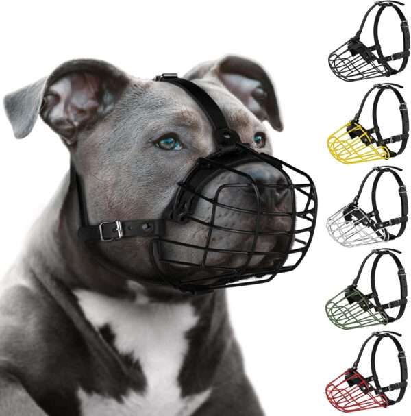 Bozal de metal de cesta de alambre para perros grandes con correas de cuero.