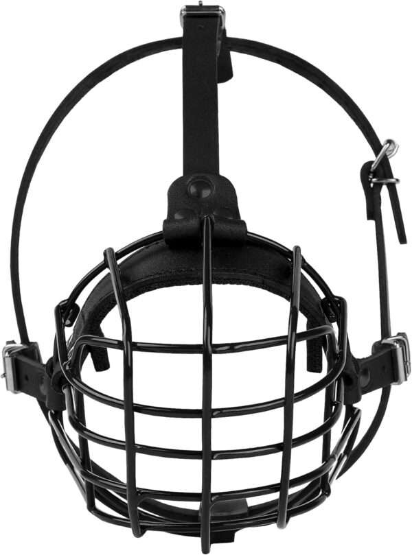 Bozal de metal de cesta de alambre para perros grandes con correas de cuero.