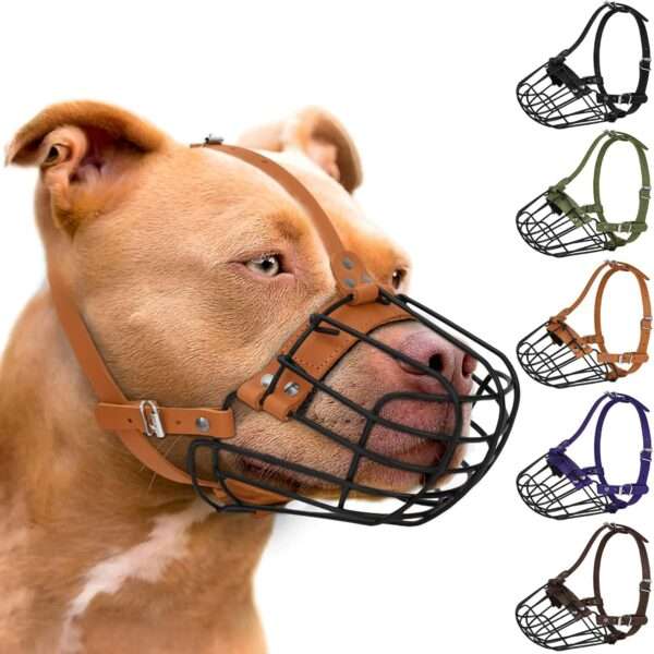 Bozal de metal de cesta de alambre para perros grandes con correas de cuero.