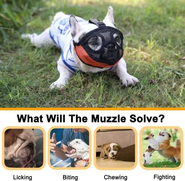 Bozal de malla transpirable para perros de hocico chato, ideal para razas como el bulldog y pug.