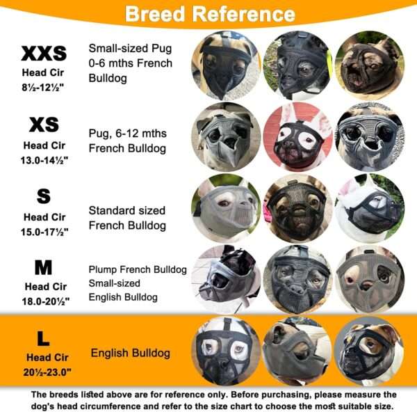 Bozal de malla transpirable para perros de hocico chato, ideal para razas como el bulldog y pug.