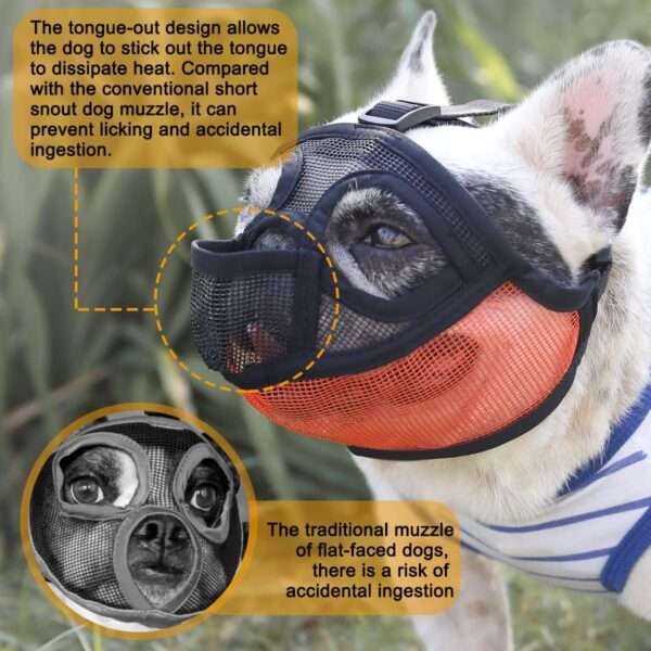 Bozal de malla transpirable para perros de hocico chato, ideal para razas como el bulldog y pug.