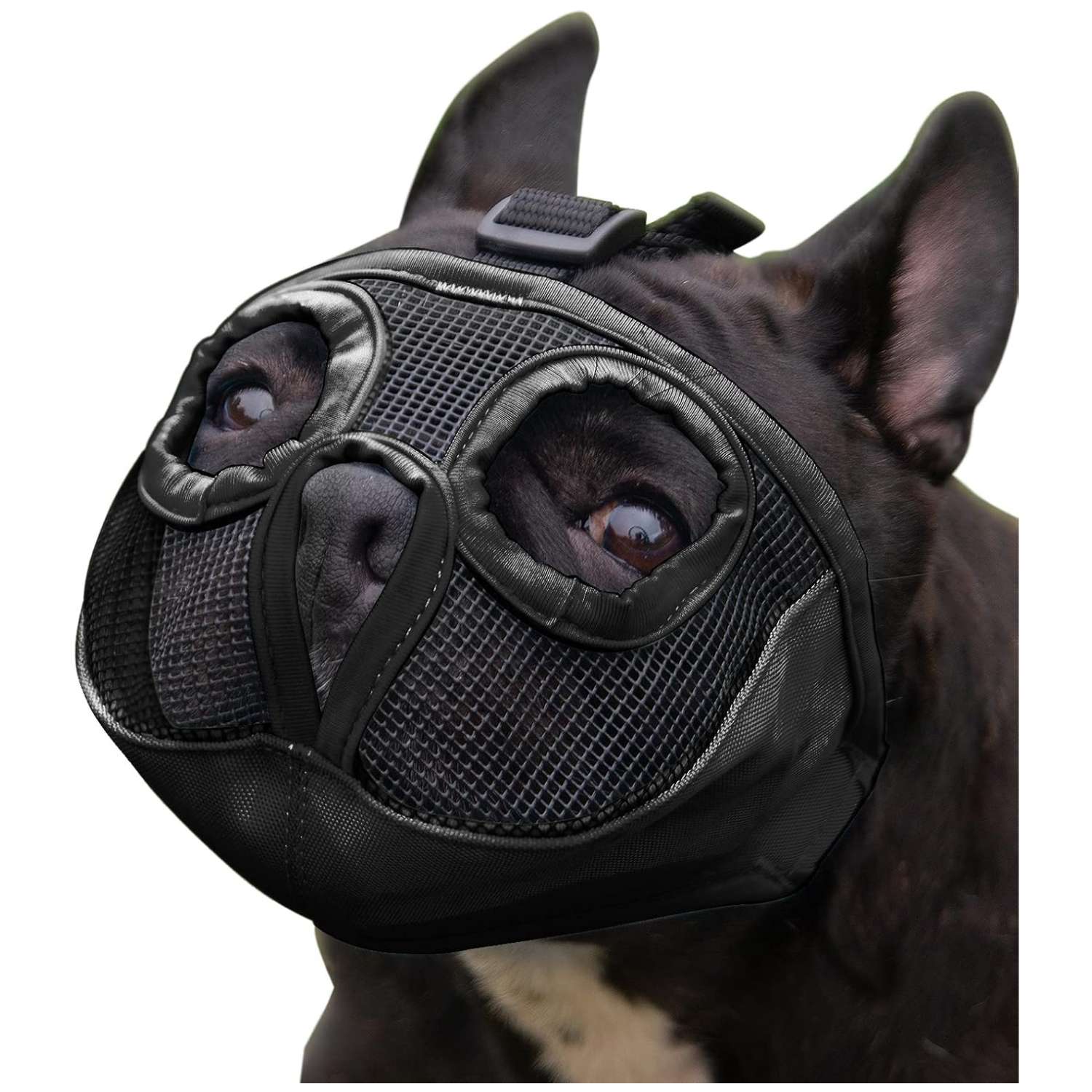 Bozal de malla transpirable para perros de hocico corto, como bulldogs o pugs.