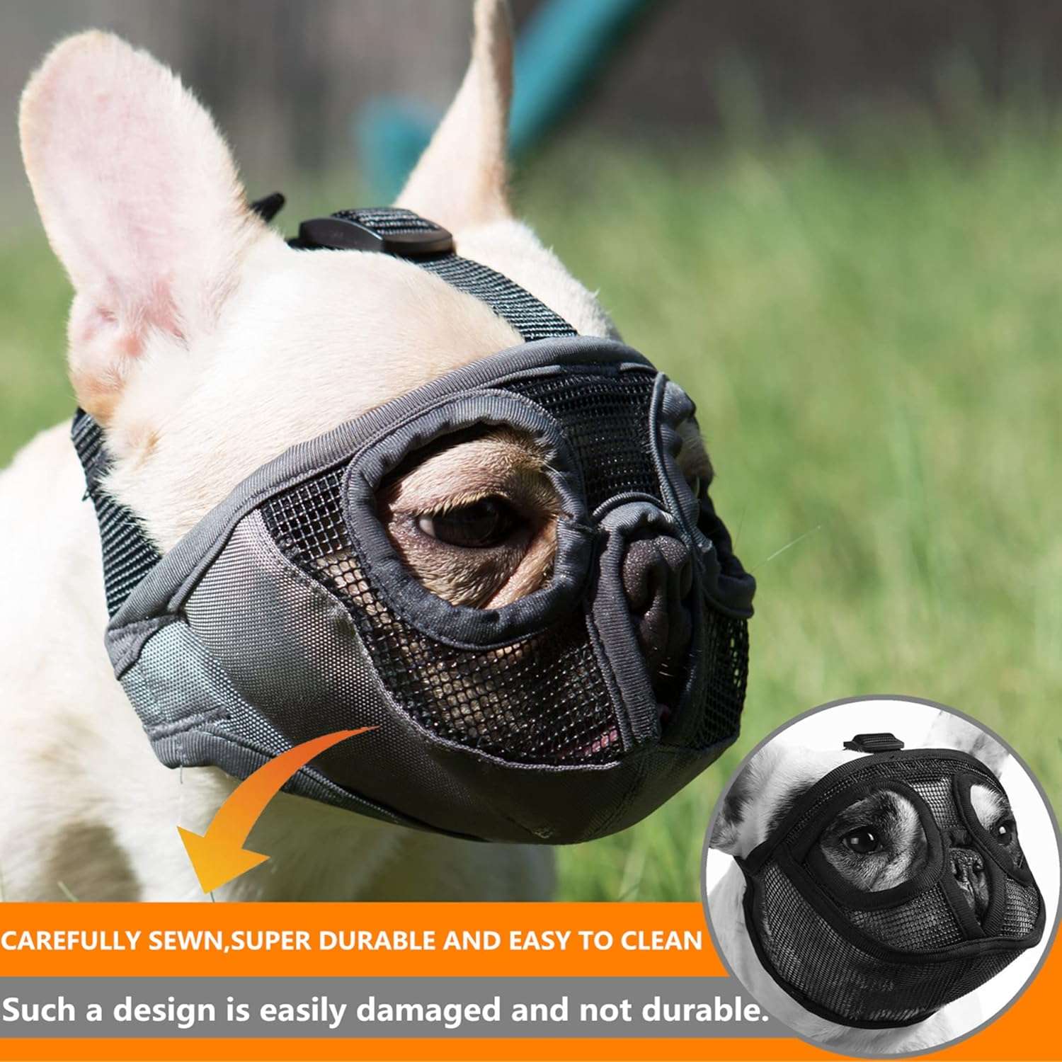 Bozal de malla transpirable para perros de hocico corto, como bulldogs o pugs.