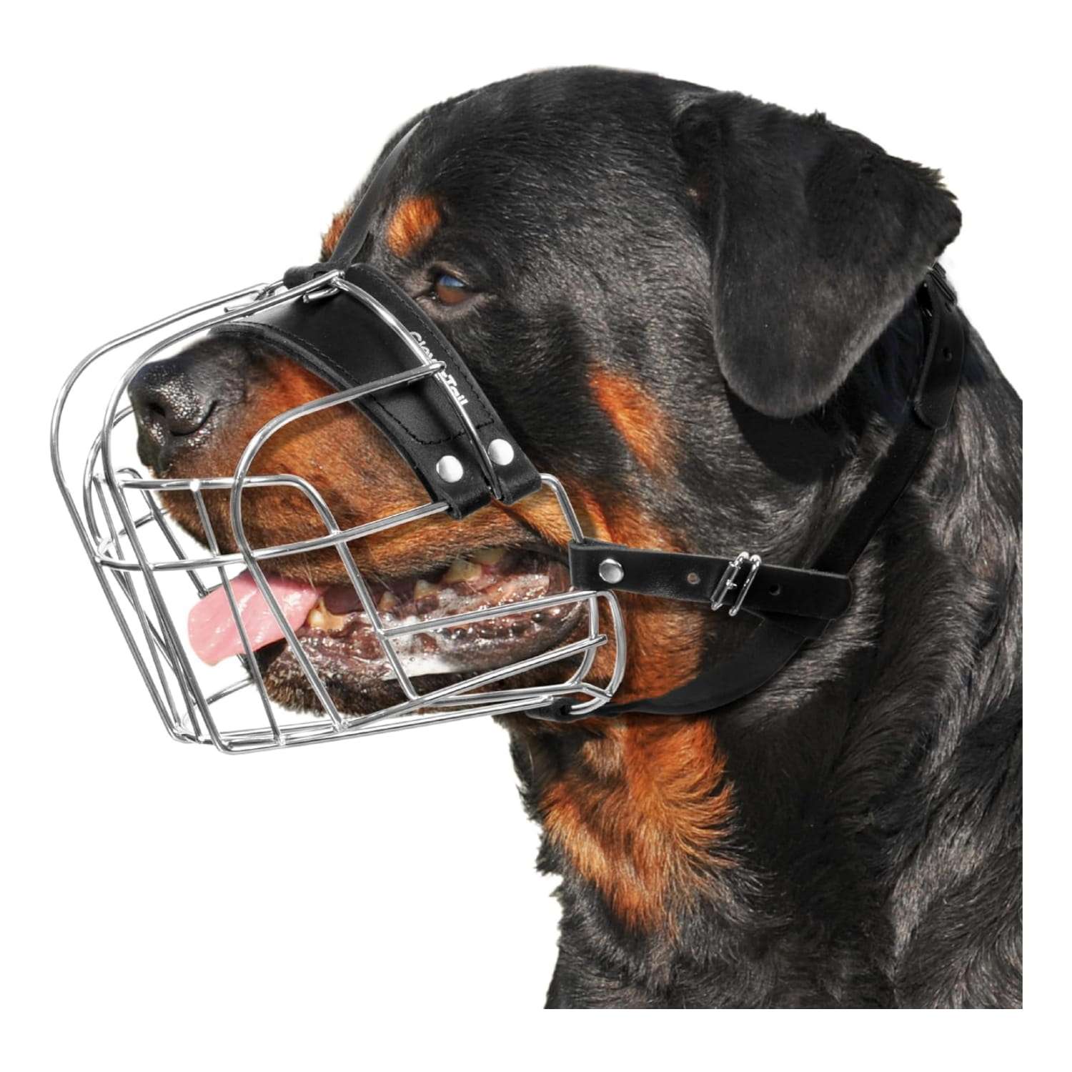 Bozal de metal resistente para perros de gran tamaño, ideal para razas como el Rottweiler.