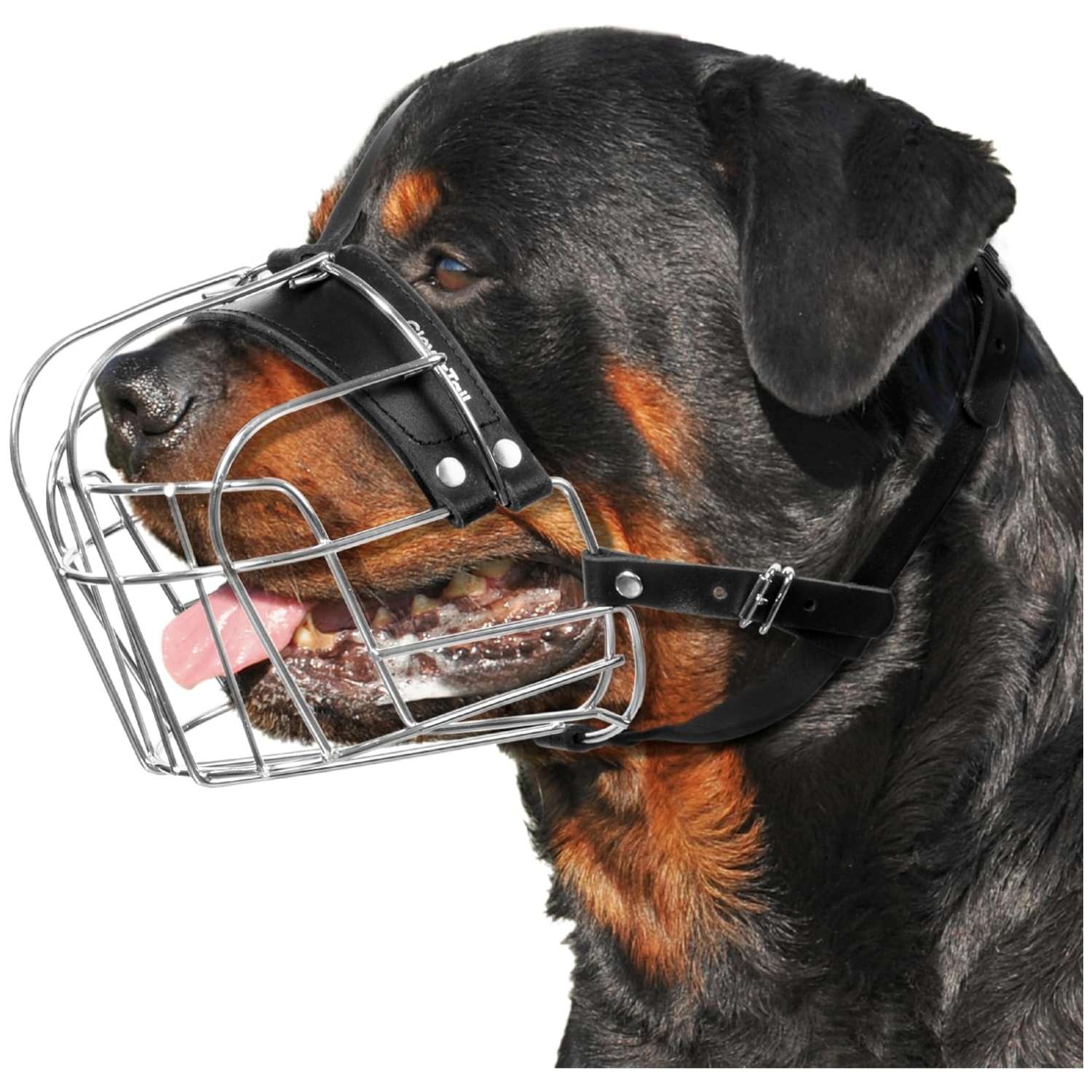 Bozal de metal resistente para perros de gran tamaño, ideal para razas como el Rottweiler.
