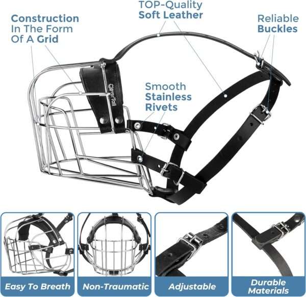 Bozal de metal resistente para perros de gran tamaño, ideal para razas como el Rottweiler.