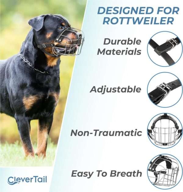 Bozal de metal resistente para perros de gran tamaño, ideal para razas como el Rottweiler.