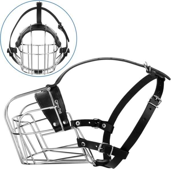 Bozal de metal resistente para perros de gran tamaño, ideal para razas como el Rottweiler.