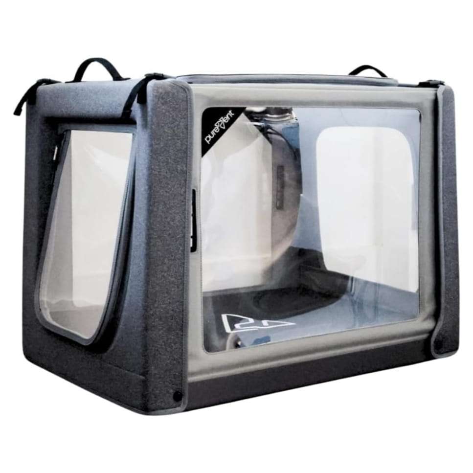 Camara de oxigeno plegable y transparente para la terapia respiratoria de mascotas.