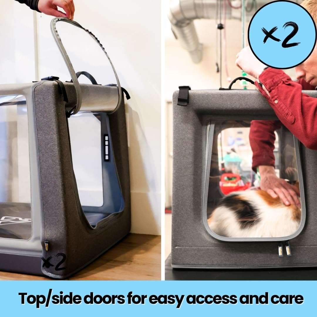 Camara de oxigeno plegable y transparente para la terapia respiratoria de mascotas.