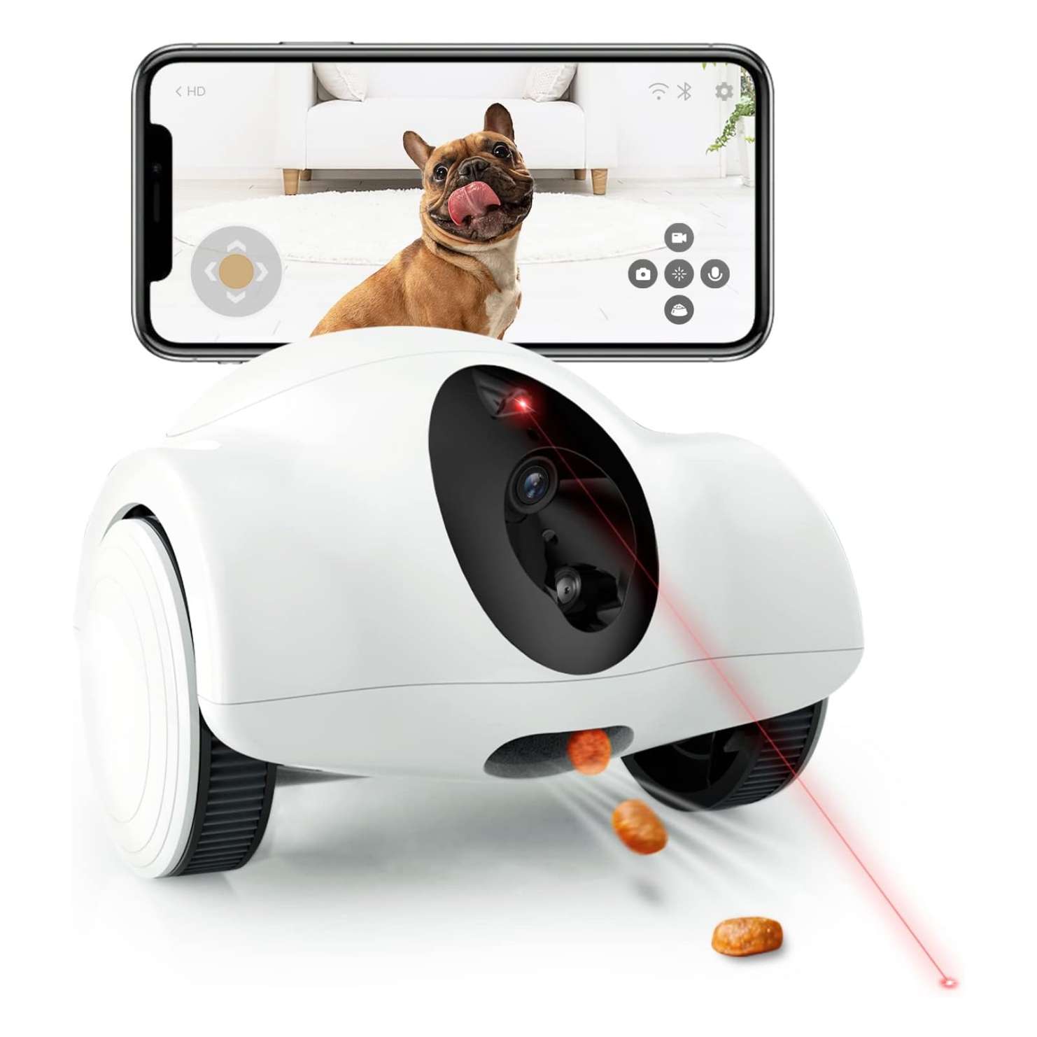 Cámara inteligente para mascotas con dispensador de golosinas, robot móvil, Full HD 1080P, Wi-Fi y visión nocturna.