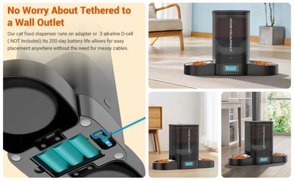 Comedero automático para 2 gatos, programable, con cuenco doble de acero inoxidable, ideal para Chile.