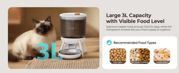 Comedero automático para gatos, programable, con doble fuente de alimentación y capacidad de 3 litros en Chile.