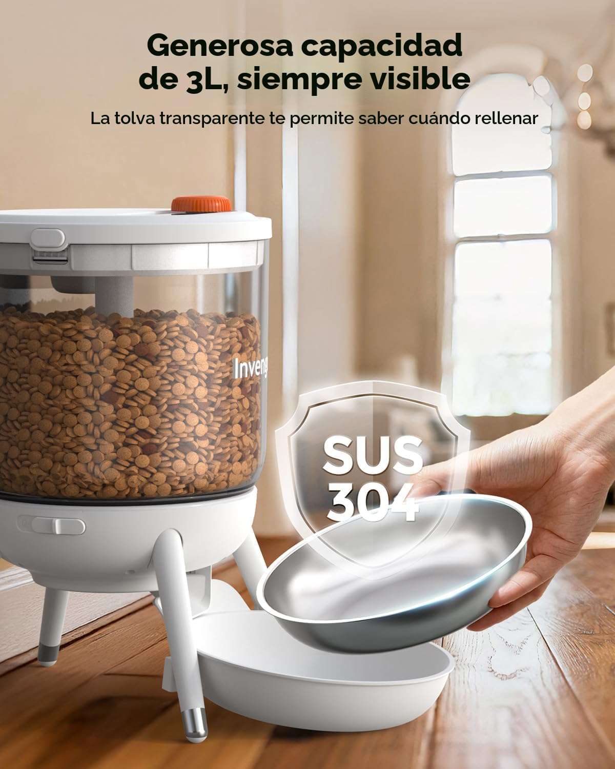 Comedero automático para gatos, programable, con doble fuente de alimentación y capacidad de 3 litros en Chile.