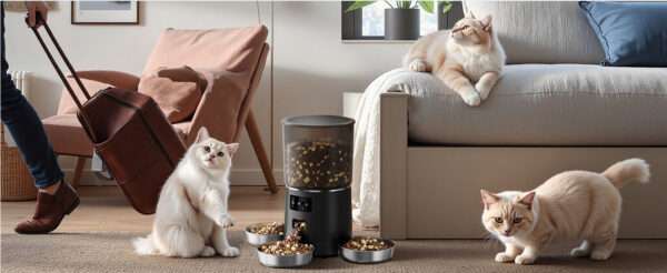 Comedero automático para 3 gatos, capacidad de 6 litros, con sistema anti-atascos y Wi-Fi en Chile.