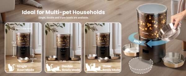Comedero automático para 3 gatos, capacidad de 6 litros, con sistema anti-atascos y Wi-Fi en Chile.