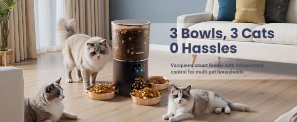 Comedero automático para 3 gatos, capacidad de 6 litros, con sistema anti-atascos y Wi-Fi en Chile.