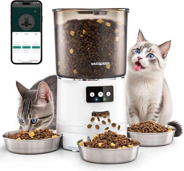 Comedero automático para 3 gatos, capacidad de 6 litros, con sistema anti-atascos y Wi-Fi en Chile.