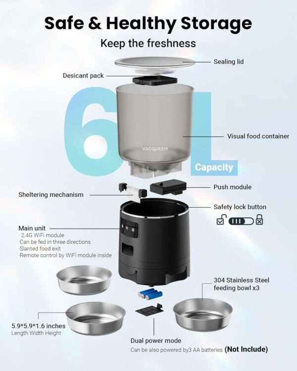 Comedero automático para 3 gatos, capacidad de 6 litros, con sistema anti-atascos y Wi-Fi en Chile.