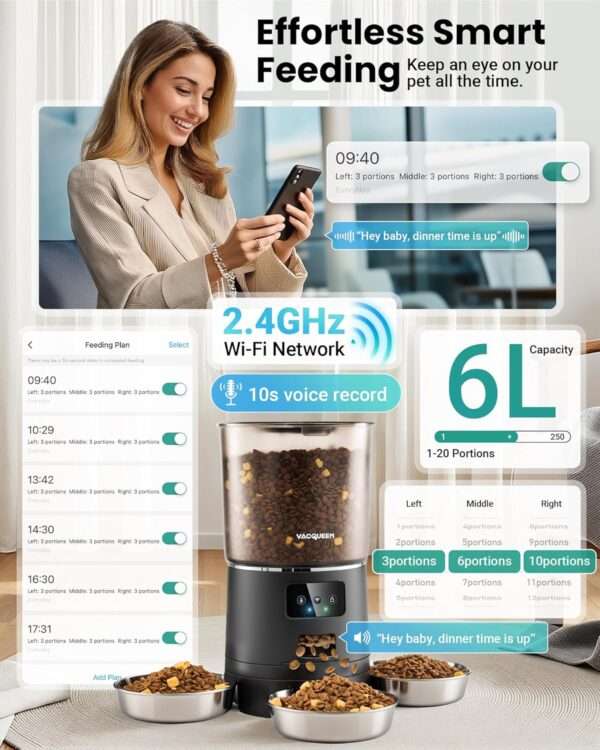 Comedero automático para 3 gatos, capacidad de 6 litros, con sistema anti-atascos y Wi-Fi en Chile.