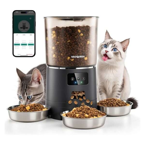 Comedero automático para 3 gatos, capacidad de 6 litros, con sistema anti-atascos y Wi-Fi en Chile.