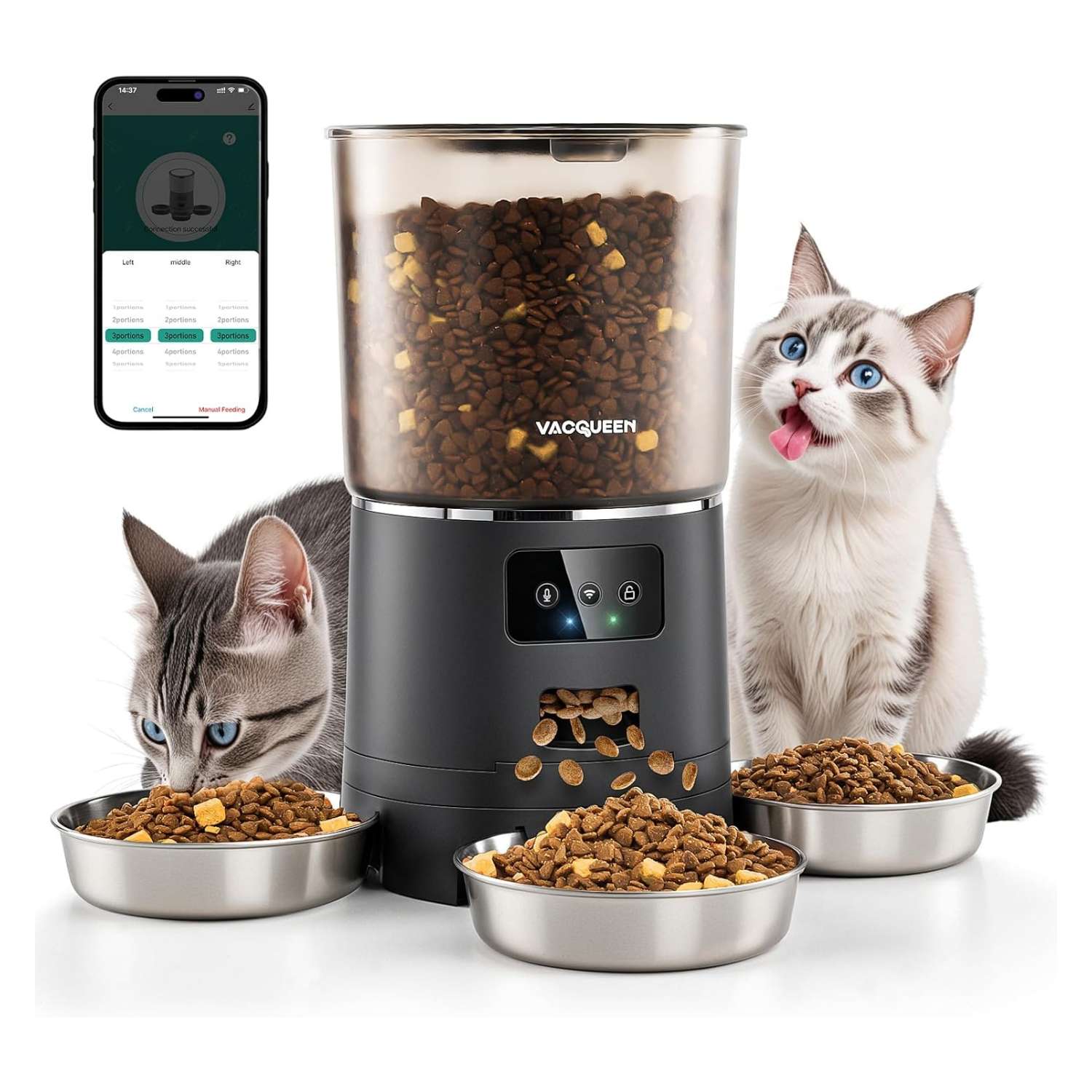 Comedero automático para 3 gatos, capacidad de 6 litros, con sistema anti-atascos y Wi-Fi en Chile.