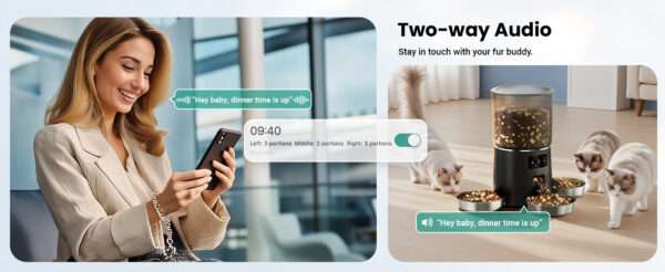 Comedero automático para 3 gatos, capacidad de 6 litros, con sistema anti-atascos y Wi-Fi en Chile.